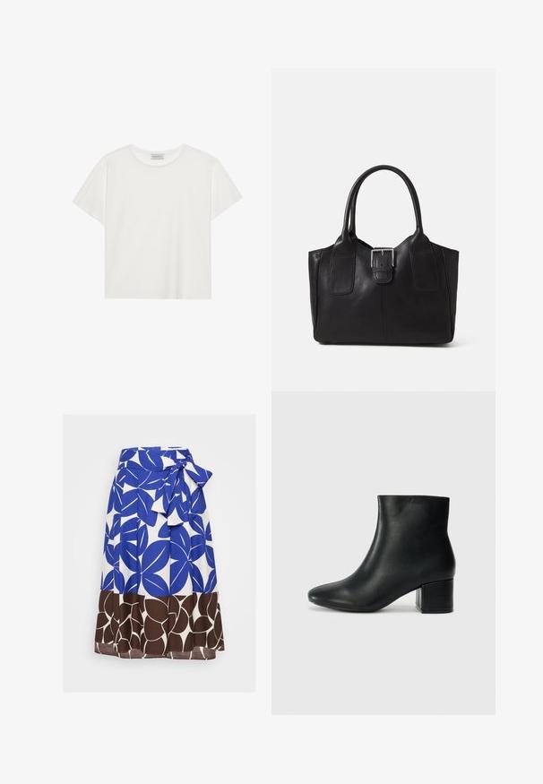 Hvit T-skjorte med kort erm laget av myk bomull. Har rund hals og avslappet passform. Rent design uten synlige mønstre eller aksenter.; Blå og hvit skjørt med et dristig bladmønster, med en knyttet midjebånd og en brun blomstermønster i bunnsømmen. Laget av lett stoff.; Sorte skinn ankelsko med spiss tå og chunky hæl. Glatt tekstur med minimale detaljer og et elegant, tettsittende design.; Svart skinn toteveske med jevn tekstur, strukturert form, to håndtak og en fremtredende sølvspenne foran.