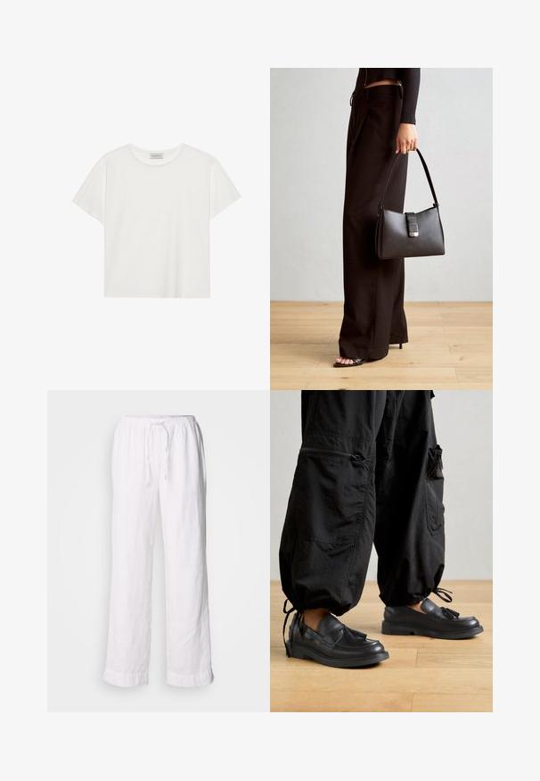 Witte T-shirt met korte mouwen, gemaakt van zachte katoen. Heeft een ronde halslijn en een relaxte pasvorm. Schoon ontwerp zonder zichtbare patronen of accenten.; Witte linnen broeken met een losse pasvorm, elastische tailleband en trekkoord. Heeft rechte pijpen en opgerolde zoom voor een casual uitstraling.; Geox SERILDA - Instappers - black; Zwarte handtas met gestructureerde vorm, gladde textuur en een metalen sluiting. Gecombineerd met brede zwarte broeken en sandalen met open teen op een houten vloer.