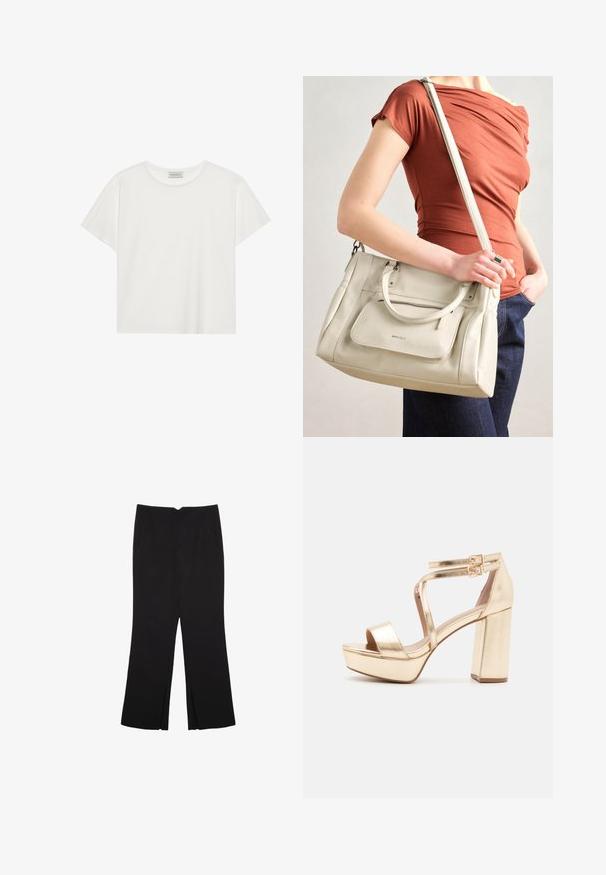 White short-sleeve T-shirt made of soft cotton. Features a round neckline and relaxed fit. Clean design with no visible patterns or accents.; Black trousers with a straight fit, featuring front pockets and side slits at the hem. Made of soft, smooth fabric. Suitable for various occasions.; Gold metallic platform sandals with a chunky block heel, open toe, and crisscross ankle straps featuring buckle accents. Smooth texture.; White leather handbag with dual handles and a detachable strap, featuring a front zip pocket and smooth texture. Carrying on a person's arm.