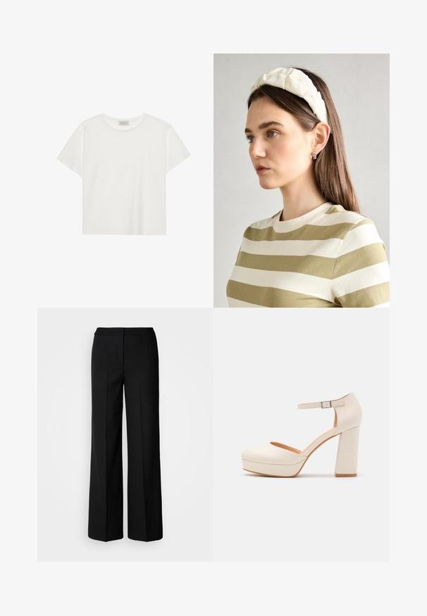 Witte T-shirt met korte mouwen, gemaakt van zachte katoen. Heeft een ronde halslijn en een relaxte pasvorm. Schoon ontwerp zonder zichtbare patronen of accenten.; Zwarte wijde broek van een gladde stof, met een hoge taille, nauwkeurig gestikte naden en een minimalistisch ontwerp. Geen zichtbare hardware of zakken.; Crème-kleurige platformhakken met een ronde neus en verstelbare enkelriem. Beschikt over een chunky blokhak met een lichte houten accenten.; Crème geklede hoofdband met gedraaide ontwerp, gecombineerd met een beige en witte gestreepte shirt met een ronde hals. Subtiele sieradenaccenten.