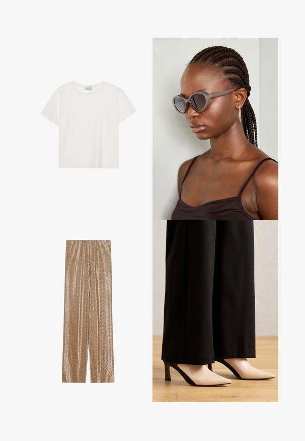 T-shirt blanc à manches courtes en coton doux. Présente un col rond et une coupe décontractée. Design épuré sans motifs ni accents visibles.; Pantalons plissés beige clair en tissu brillant, arborant un motif en zigzag texturé et une taille élastique pour le confort.; Talons aiguilles beiges et noirs au design épuré, présentant un bloc de couleur contrastant et un petit talon robuste.; Lunettes de soleil grises surdimensionnées avec une forme arrondie et des verres foncés. Monture en plastique élégante avec une finition lisse. Le modèle a des cheveux tressés.; Trois pinces à cheveux : une marbrée noir et blanc, deux en écaille de tortue dans des nuances de marron et de noir, toutes en plastique brillant avec une finition texturée.