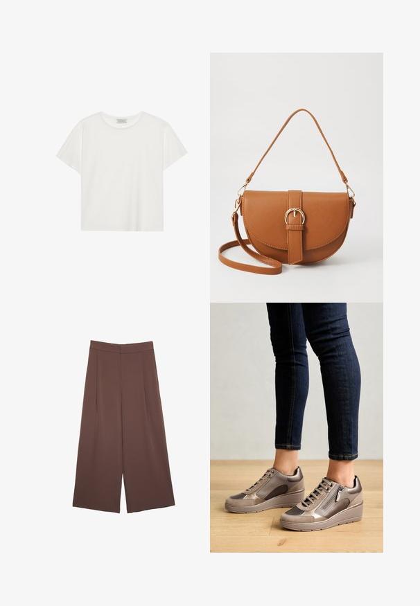 T-shirt bianco a maniche corte realizzato in morbido cotone. Presenta un collo rotondo e una vestibilità comoda. Design pulito senza modelli o dettagli visibili.; Pantaloni ampi marroni con una texture liscia, caratterizzati da una vita alta e pieghe frontali. Il tessuto è leggero e scorre liberamente.; Sneakers in pelle e suede beige con suola a zeppa, dotati di una cerniera laterale, pannelli testurizzati e chiusura con lacci.; Borsa a tracolla in pelle marrone con forma curvata, hardware dorato e un dettaglio con fibbia. Presenta una tracolla rimovibile.