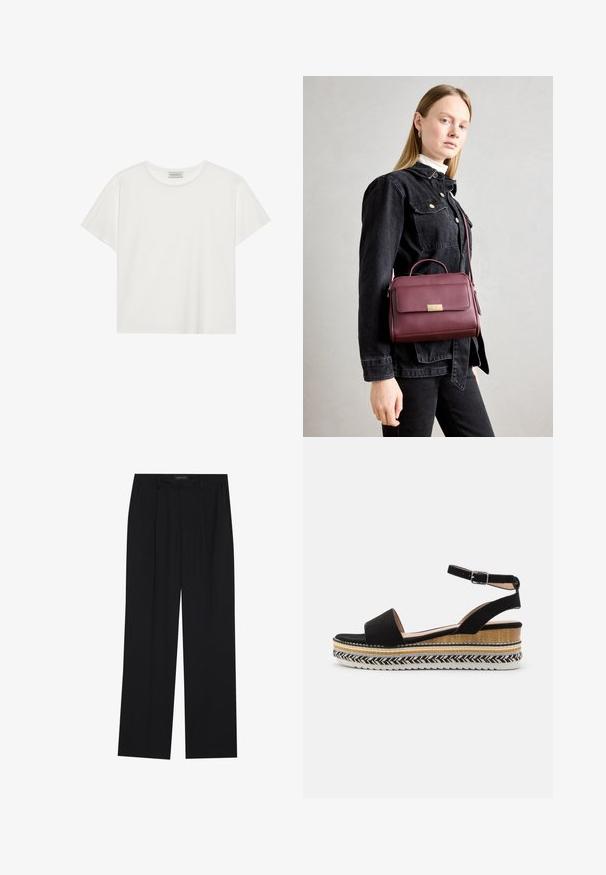 Valkoinen lyhythihainen T-paita, joka on valmistettu pehmeästä puuvillasta. Siinä on pyöreä kaula-aukko ja rento istuvuus. Siisti muotoilu ilman näkyviä kuvioita tai yksityiskohtia.; Mustat housut suoralla lahkeella, joissa on kaksi etutaskua ja vyötärö. Valmistettu sileästä, kevyestä kankaasta.; Mustasaumainen sandaali leveällä hihnalla, nilkkataskulla ja kerrostetulla wedge-pohjalla, jossa on luonnollisia tekstuureja ja punottu kuvio.; Burgundin värinen nahkainen käsilaukku, jossa on kultainen solki, jämäkkä muoto, yläkahva ja säädettävä olkahihna. Mallilla on päällä farkkutakki.