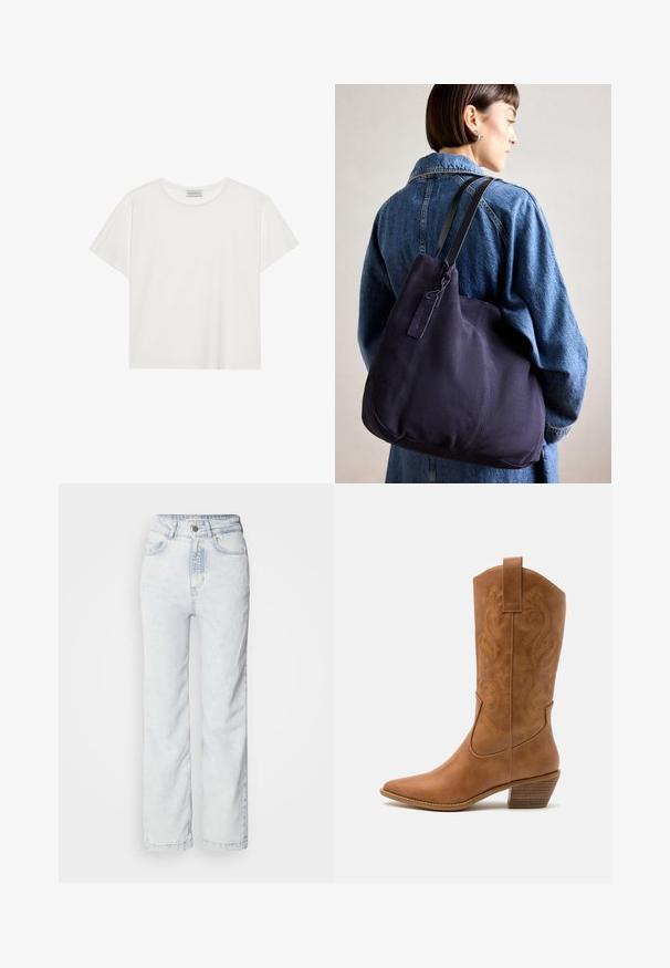 Bijela kratkodlaka majica od mekog pamuka. Ima okrugli izrez i opušteni kroj. Čist dizajn bez vidljivih uzoraka ili akcenata.; Svijetloplave traperice visokog struka s ravnim fitom, napravljene od denima. Imaju zatvaranje na gumbe, dizajn s pet džepova i suptilnu izblijedjelu teksturu.; Smeđe kožne kaubojke s oštrim nosom, izvezenim spiralnim uzorcima na gornjem dijelu i blok petom. Imaju potporu za lakše obuvanje.; Mornarska platnena torba s mekim, strukturiranim oblikom, s crnim remenom, šavnim detaljima i malom oznakom branda.
