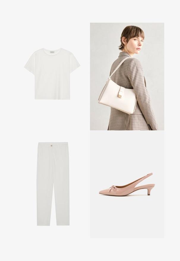 Balts īsām piedurknēm T-krekls, kas izgatavots no mīksta kokvilnas. Tam ir apaļš izgriezums un brīvs piegriezums. Tīrs dizains bez redzamām rakstiem vai akcentiem.; Baltas, pielāgots bikses ar taisnu kāju dizainu, ar pogu aizdari, jostu cilpām un sānu kabatām; gluda auduma tekstūra.; Patenti rozā sānsoļu kurpes ar smailu purngalu, ar loku detaļu priekšā un zemu kaķēna papēdi. Gluda tekstūra ar spīdīgu apdari.; Balta ādas rokassoma ar strukturētu dizainu, kurai ir magnētiska aizdare un plecu josta, parādīta uz neitrāla fona.