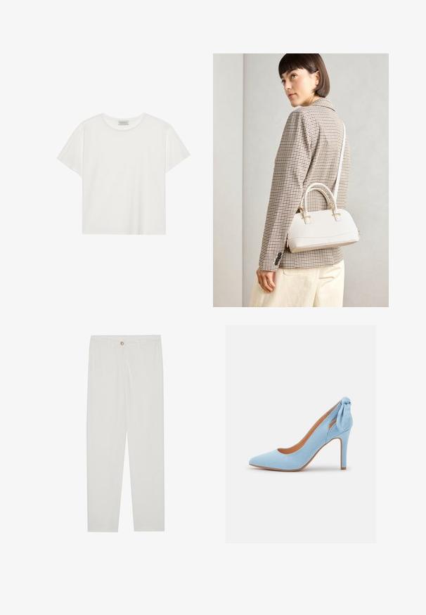 Balta trumpa rankovė T-marškiniai, pagaminti iš minkštos medvilnės. Charakterizuojami apvali kaklo iškirpte ir laisvu siluetu. Švarus dizainas be matomų raštų ar akcentų.; Baltos, pritaikytos kelnės su tiesaus kirpimo dizainu, su sagčių uždarymu, dirželių kilpomis ir šoninėmis kišenėmis; lygus audinio tekstūros.; Šviesiai mėlynos zomšinės aukštakulnės bateliai su smailiu pirštu ir mažuoju kaspinu gale. Pasižymi stilingu dizainu ir rusvu vidpadžiu.; Balta struktūruota rankinė su trumpomis rankenomis ir peties diržu, su auksinėmis detalėmis ir tekstūruota medžiaga, pastatyta prieš pilką foną.; Kremo spalvos paminkštinta galvos juosta su suktiniu dizainu, derinama su smėlio ir baltos spalvos juostelėmis marškiniais, turinčiais apvalų iškirpimą. Subtilūs papuošalų akcentai.