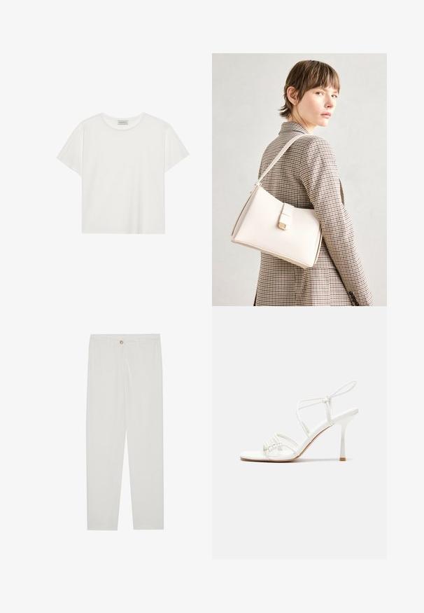 White short-sleeve T-shirt made of soft cotton. Features a round neckline and relaxed fit. Clean design with no visible patterns or accents.; White, tailored trousers with a straight leg design, featuring a button closure, belt loops, and side pockets; smooth fabric texture.; White strappy high-heeled sandal with a flat toe base, textured front with gathered accents, and a slim ankle strap.; White leather handbag with a structured design, featuring a magnetic clasp and a shoulder strap, showcased against a neutral background.