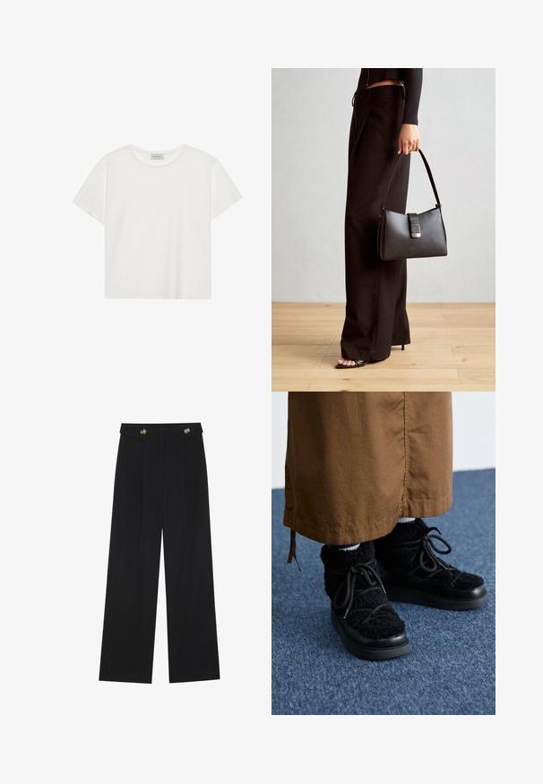 Balts īsām piedurknēm T-krekls, kas izgatavots no mīksta kokvilnas. Tam ir apaļš izgriezums un brīvs piegriezums. Tīrs dizains bez redzamām rakstiem vai akcentiem.; Melnas platās bikses ar augstu jostasvietu, pogu detaļām uz jostas un priekšējām krokām.; Melni pūkaini sporta apavi ar platformas zolēm, ar auklām, mīkstu tekstūru un noapaļotu purngalu. Saskaņoti ar brūnu audumu apakšā.; Melnā somiņa ar strukturētu formu, gludu tekstūru un metālu sprādzi. Saskaņota ar platām melnām biksēm un sandālēm ar atvērtu purngalu uz koka grīdas.