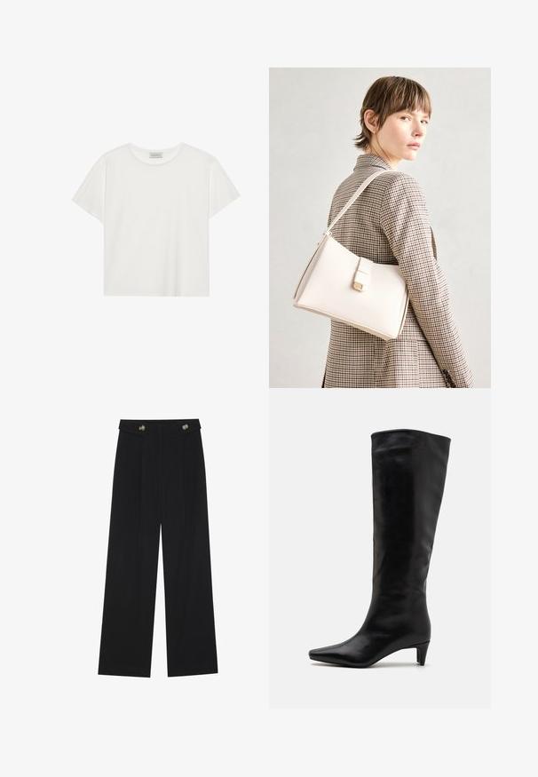 T-shirt branca de manga curta feita de algodão macio. Apresenta um decote redondo e um corte descontraído. Design limpo sem padrões ou detalhes visíveis.; Calças largas pretas com cintura alta, detalhes em botão na cintura e pregas frontais.; Botas de couro pretas até ao joelho com bico pontiagudo e um salto baixo e elegante; textura suave com um design simples e elegante.; Bolsa de mão em couro branco com um design estruturado, apresentando um fecho magnético e uma alça de ombro, exibida sobre um fundo neutro.
