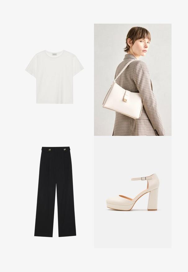 Witte T-shirt met korte mouwen, gemaakt van zachte katoen. Heeft een ronde halslijn en een relaxte pasvorm. Schoon ontwerp zonder zichtbare patronen of accenten.; Zwarte wijde broek met hoge taille, knoopdetails op de tailleband en plooien aan de voorkant.; Crème-kleurige platformhakken met een ronde neus en verstelbare enkelriem. Beschikt over een chunky blokhak met een lichte houten accenten.; Witte leren handtas met een gestructureerd ontwerp, voorzien van een magneetsluiting en een schouderriem, tentoongesteld tegen een neutrale achtergrond.