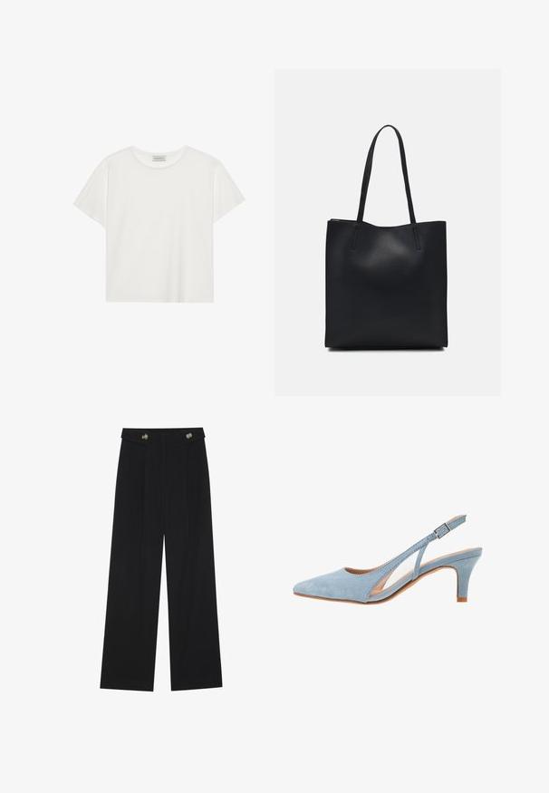 Valge lühikeste varrukatega t-särk, mis on valmistatud pehmest puuvillast. Omab ümmargust kaelust ja mugavat lõiget. Puhtad jooned, ilma nähtavate mustrite või aktsentideta.; Mustad laiad püksid kõrge vöökoha ja nööpdetailidega vööandil, esikortsudega.; Heledad sinine suede slingback konts, terav nina, reguleeritav pahkluu rihm metallist pannal, naturaalne beež päkimm, ja madal konts.; Mustast nahast kott sujuva tekstuuriga, ristkülikukujuline ja kahe pika sangaga. Pole nähtavat riistvara ega kaunistusi.