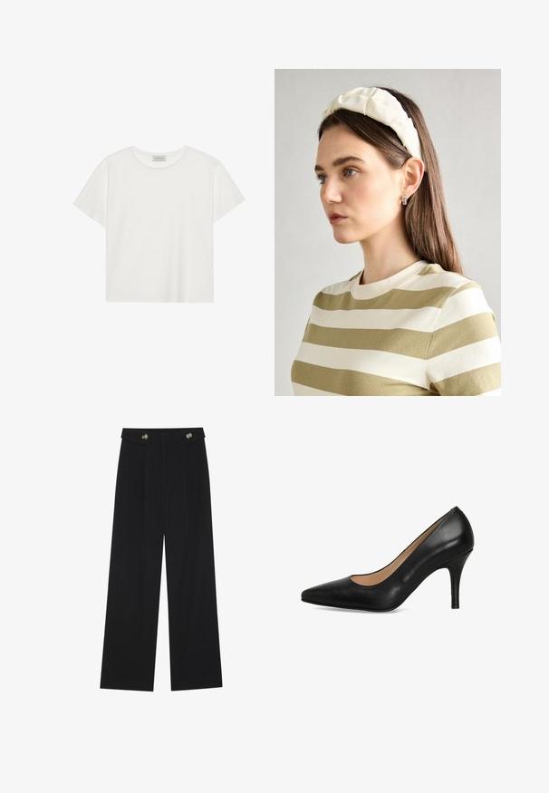 Witte T-shirt met korte mouwen, gemaakt van zachte katoen. Heeft een ronde halslijn en een relaxte pasvorm. Schoon ontwerp zonder zichtbare patronen of accenten.; Zwarte wijde broek met hoge taille, knoopdetails op de tailleband en plooien aan de voorkant.; Zwarte leren hoge hakken met een spitse neus, een gladde textuur en een slanke silhouette. De hak is ongeveer 7,5 centimeter hoog.; Crème geklede hoofdband met gedraaide ontwerp, gecombineerd met een beige en witte gestreepte shirt met een ronde hals. Subtiele sieradenaccenten.