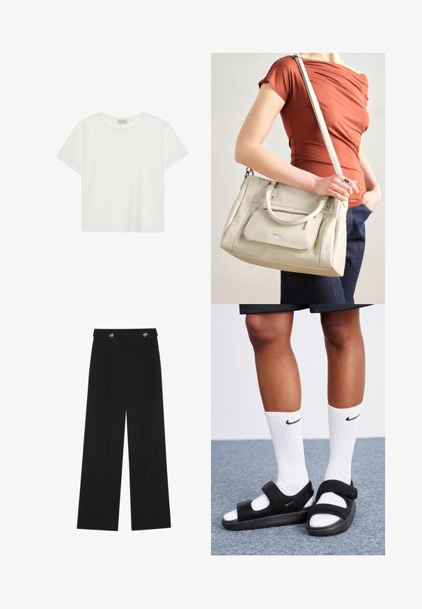 Bílé tričko s krátkým rukávem vyrobené z měkké bavlny. Má kulatý výstřih a volný střih. Čistý design bez viditelných vzorů nebo akcentů.; Černé široké kalhoty s vysokým pasem, detailní knoflíky na pase a přední záhyby.; Černá obuv s otevřenou špičkou, vyrobená z hladkého materiálu, s nastavitelnými popruhy a strukturovanou podrážkou. Na sobě jsou bílé žebrované ponožky.; Bílá kožená kabelka s dvojitými uchy a odnímatelným popruhem, která má přední zipovou kapsu a hladký povrch. Nese se na paži osoby.