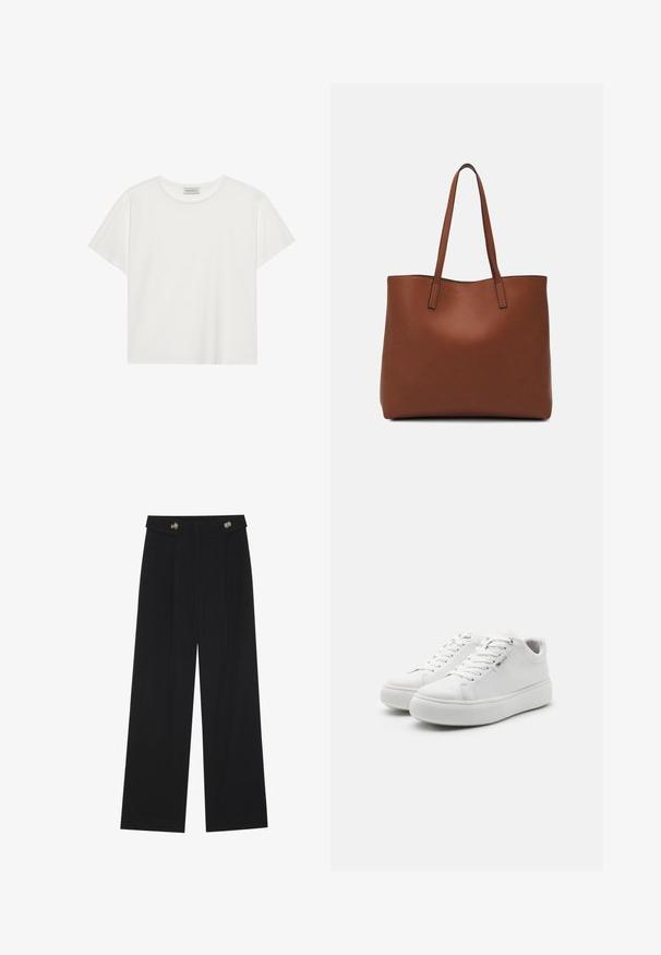 Bílé tričko s krátkým rukávem vyrobené z měkké bavlny. Má kulatý výstřih a volný střih. Čistý design bez viditelných vzorů nebo akcentů.; Černé široké kalhoty s vysokým pasem, detailní knoflíky na pase a přední záhyby.; Bílé nízké tenisky s hladkým plátěným svrškem, kulatou špičkou a silnou gumovou podrážkou. Mají šněrování vpředu a minimalistický design.; Hnědá kožená taška přes rameno s hladkou texturou, otevřeným designem a dvěma ramenními popruhy. Obsahuje minimální švy a žádné viditelné kovové prvky.
