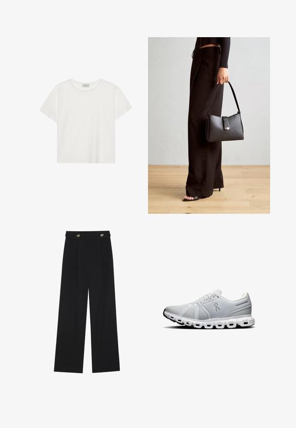 Weißes T-Shirt mit kurzen Ärmeln aus weicher Baumwolle. Verfügt über einen runden Halsausschnitt und eine lockere Passform. Sauberes Design ohne sichtbare Muster oder Akzente.; Schwarze weite Hosen mit hoher Taille, Knopfdetails am Bund und vorderen Falten.; Hellegrau Sportchuhe mit Netz-Obermaterial, weißen Schnürsenkeln und einer segmentierten weißen Sohle. Mit einem Logo und dezenten Designlinien an den Seiten.; Schwarze Handtasche mit strukturierter Form, glatter Textur und einem metallischen Verschluss. Kombiniert mit weiten schwarzen Hosen und offenen Sandalen auf einem Holzboden.