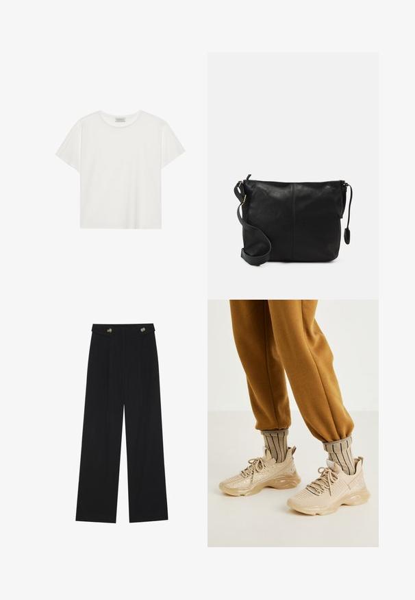 T-shirt bianco a maniche corte realizzato in morbido cotone. Presenta un collo rotondo e una vestibilità comoda. Design pulito senza modelli o dettagli visibili.; Pantaloni neri a gamba larga con vita alta, dettagli con bottoni in vita e pieghe frontali.; Scarpe da ginnastica beige con tomaia in rete, decorazioni scintillanti e suola spessa in gomma. Abbinato a calze beige a righe e pantaloni jogger marroni.; Borsa a tracolla in pelle nera con forma piatta, dettagli in metallo dorato e tracolla regolabile. Texture liscia con dettagli di cucitura minimi.