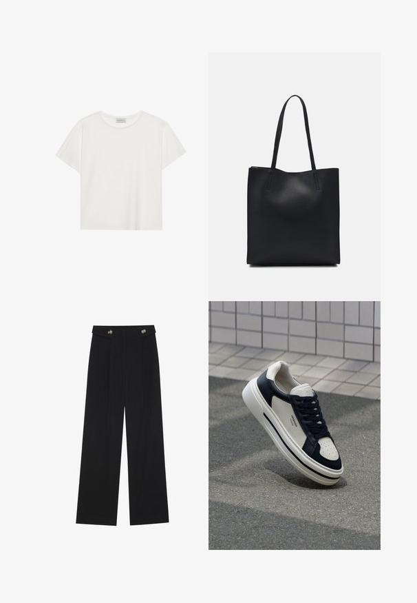 Biała koszulka z krótkim rękawem wykonana z miękkiej bawełny. Posiada okrągły dekolt i luźny krój. Czysty design bez widocznych wzorów czy akcentów.; Czarne szerokie spodnie z wysokim stanem, z detalami w postaci guzików na pasku oraz plisami z przodu.; Białe i granatowe skórzane sneakersy z perforowanym noskiem, sznurówkami i teksturowaną gumową podeszwą, z logo na boku.; Czarna skórzana torba tote o gładkiej fakturze, prostokątnym kształcie i dwóch długich uchwytach. Brak widocznych elementów metalowych i ozdób.