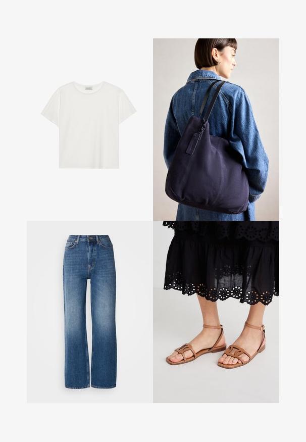 White short-sleeve T-shirt made of soft cotton. Features a round neckline and relaxed fit. Clean design with no visible patterns or accents.; High-waisted, wide-leg blue denim jeans with a gradient wash, copper stitching, a front button closure, and five pockets.; Light brown leather sandals with a flat sole, featuring structured straps and an adjustable ankle buckle, paired with a black eyelet skirt.; Navy canvas shoulder bag with a soft, structured shape, featuring a black strap, stitched detailing, and a small brand tag.