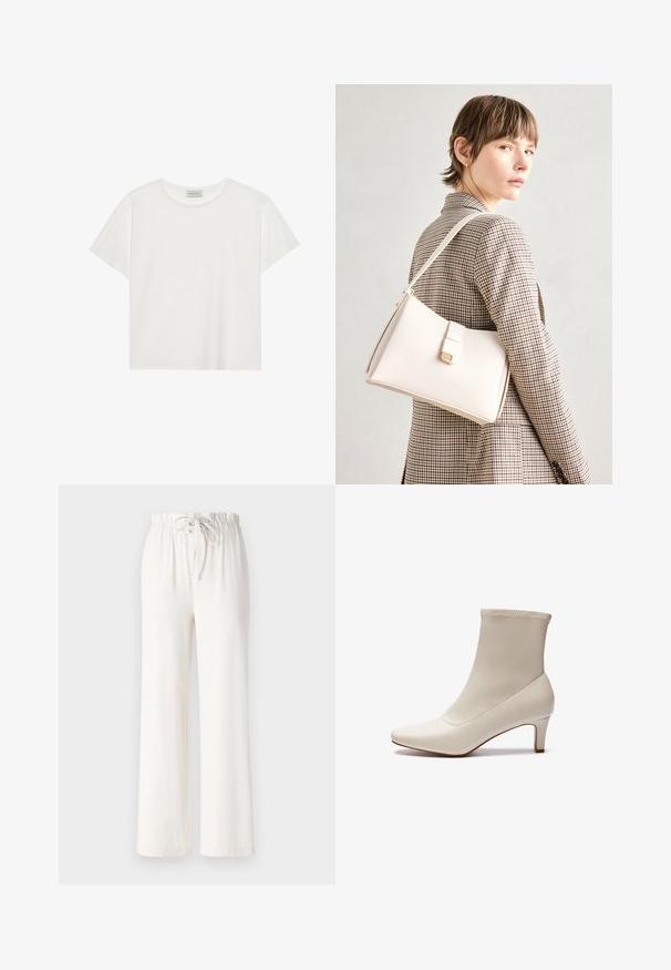 Camiseta blanca de manga corta hecha de suave algodón. Presenta un escote redondo y un corte relajado. Diseño limpio sin patrones o acentos visibles.; Pantalones de pierna ancha blancos, hechos de un tejido suave, con cintura ajustable y textura lisa. Sin patrones ni adornos visibles.; Botín blanco hasta el tobillo hecho de cuero suave con punta afilada y un tacón corto y cónico. Presenta un diseño minimalista y un empeine sin costuras.; Bolso de mano de cuero blanco con un diseño estructurado, que presenta un cierre magnético y una correa para el hombro, exhibido sobre un fondo neutro.