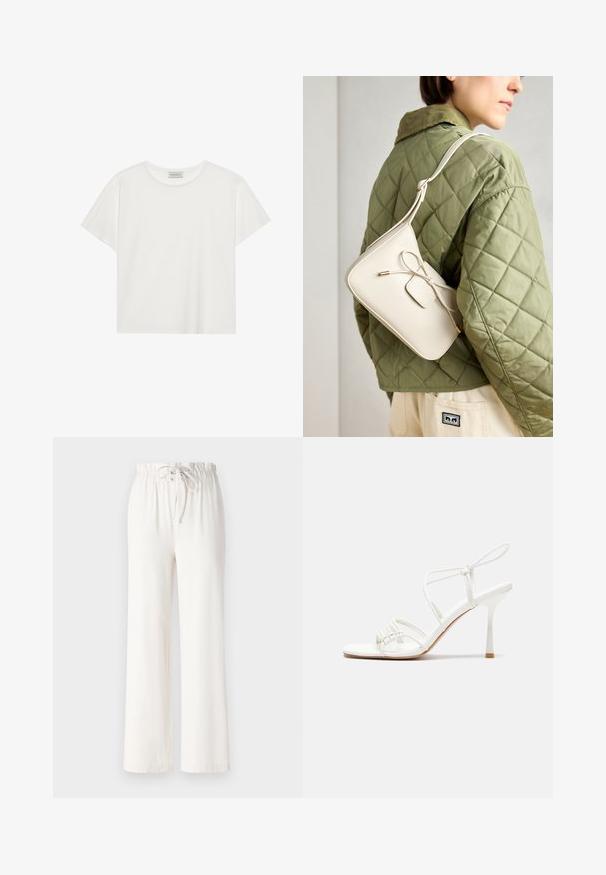 White short-sleeve T-shirt made of soft cotton. Features a round neckline and relaxed fit. Clean design with no visible patterns or accents.; White wide-leg pants made of soft fabric, featuring a drawstring waist and smooth texture. No patterns or embellishments visible.; White strappy high-heeled sandal with a flat toe base, textured front with gathered accents, and a slim ankle strap.; Beige leather crossbody bag with a bow detail, gold hardware, and a single adjustable strap, worn over a green quilted jacket.