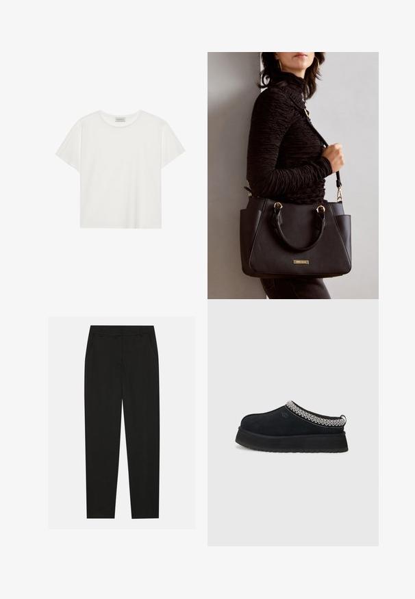 White short-sleeve T-shirt made of soft cotton. Features a round neckline and relaxed fit. Clean design with no visible patterns or accents.; Black trousers with a tailored design, featuring side pockets and a straight leg. Made from smooth, lightweight fabric with a sleek finish.; Black suede slip-on shoe with a thicker sole, featuring a textured white and black woven accents at the collar.; Black handbag with textured surface, dual top handles, and adjustable shoulder strap. Features gold-tone hardware and side pockets.