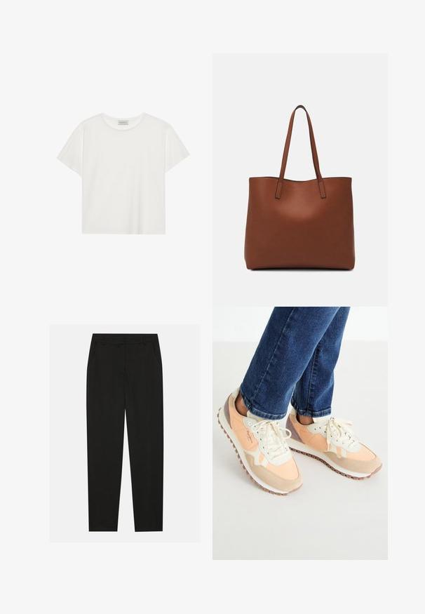 White short-sleeve T-shirt made of soft cotton. Features a round neckline and relaxed fit. Clean design with no visible patterns or accents.; Black trousers with a tailored design, featuring side pockets and a straight leg. Made from smooth, lightweight fabric with a sleek finish.; Lightweight sneakers in peach and cream tones, featuring suede and mesh material, lace-up design, and rubber sole with traction.; Brown leather tote bag with a smooth texture, open top design, and two shoulder straps. Features minimal stitching and no visible hardware.