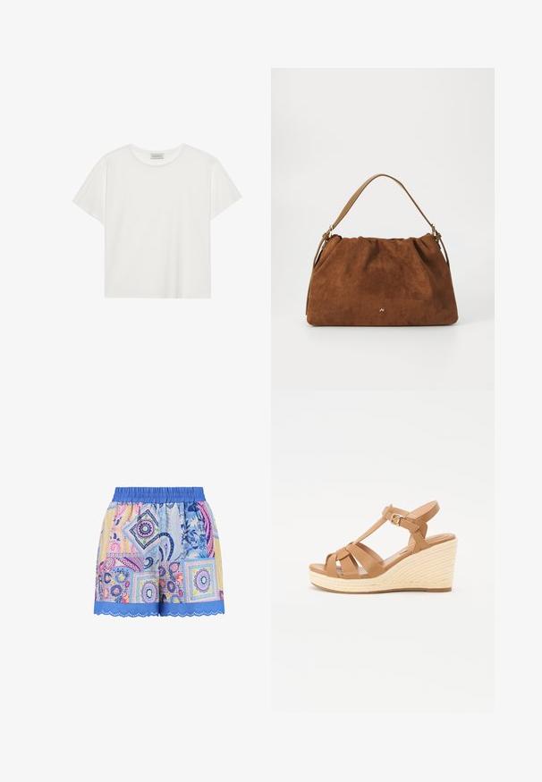 Fehér, rövid ujjú póló, puha pamutból készült. Kerek nyakkivágással és laza szabással rendelkezik. Tiszta dizájn, látható minták vagy díszítések nélkül.; Színes paisley mintás rövidnadrág kék elasztikus derékkal, hullámos aljjal és pink, sárga, valamint kék minták keverékével.; Barna wedge szandálok keresztszalagos dizájnnal, állítható bokapánttal és texturált szőtt espadrille stílusú wedge platformmal.; Barna velúr kézitáska, gyűjtött kialakítással, egyetlen világosbarna bőrszíjjal és egy diszkrét arany logós részlettel az elején.