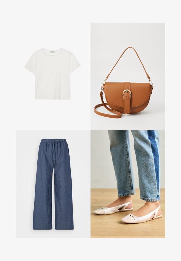 Fehér, rövid ujjú póló, puha pamutból készült. Kerek nyakkivágással és laza szabással rendelkezik. Tiszta dizájn, látható minták vagy díszítések nélkül.; Könnyű, kék és fehér csíkos, bő szárajú nadrág, húzózsinórral és elasztikus derékkal, amely puha anyagból készült és laza illeszkedésű.; Világos rózsaszín slingback laposlábú cipők, hegyes orral, sima bőrhatású anyagból készült. Oldalt kivágott részletek találhatók rajta, valamint lapos sarkú.; Barna bőr keresztbody táska ívelt formával, aranyszínű fémrészekkel és csat díszítéssel. Levehető vállpánttal rendelkezik.