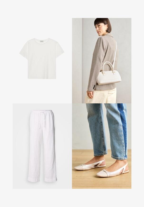 Biele tričko s krátkymi rukávmi vyrobené z jemnej bavlny. Má okrúhly výstrih a voľný strih. Čistý dizajn bez viditeľných vzorov alebo akcentov.; Biele ľanové nohavice s voľným strihom, elastickým pásom a šnúrkou. Majú rovné nohy a rolované lemovanie pre neformálny vzhľad.; Svetloružové slingback baleríny s jemne špicatou špičkou, vyrobené z hladkého materiálu pripomínajúceho kožu. Majú výrezové detaily na stranách a plochý opätok.; Biela štruktúrovaná kabelka s krátkymi rúčkami a ramenným popruhom, s zlatými kovovými prvkami a textúrovaným materiálom, vystavená na šedom pozadí.