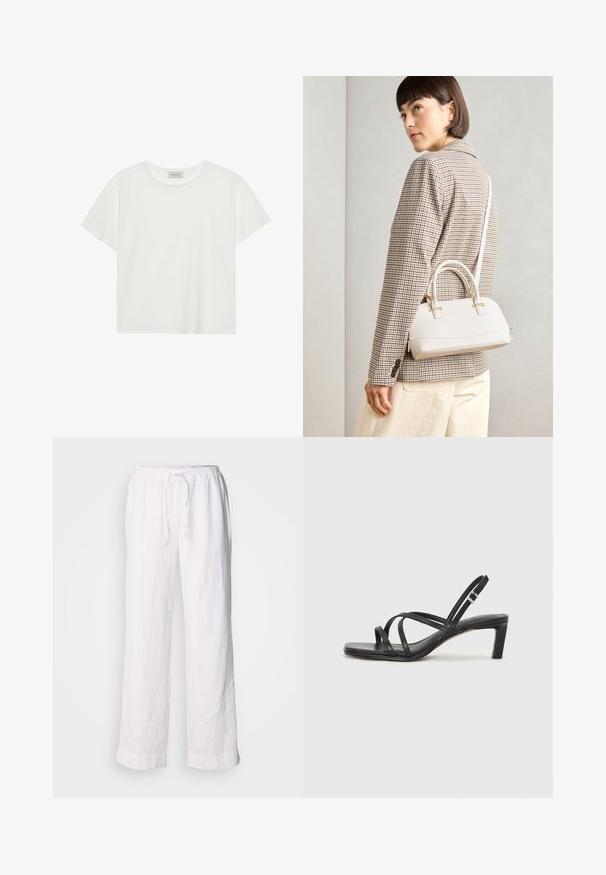 Balta trumpa rankovė T-marškiniai, pagaminti iš minkštos medvilnės. Charakterizuojami apvali kaklo iškirpte ir laisvu siluetu. Švarus dizainas be matomų raštų ar akcentų.; Baltos lino kelnės su laisvu prsitvirtinimu, elastingu liemeniu ir virvele. Turi tiesias kojas ir sukurtus pakraščius, kad suteiktų atsipalaidavusį įvaizdį.; Juodi šlepetės su kvadratiniu pirštu ir žemu bloku kulnu. Yra keli ploni dirželiai ir reguliuojamas kulkšnies diržas. Pagaminti iš lygios odos.; Balta struktūruota rankinė su trumpomis rankenomis ir peties diržu, su auksinėmis detalėmis ir tekstūruota medžiaga, pastatyta prieš pilką foną.