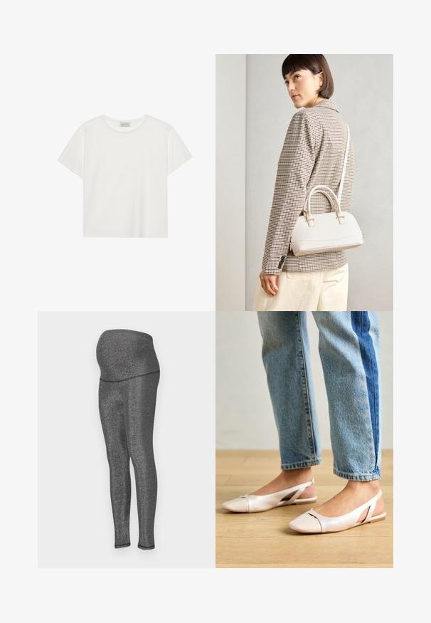Biele tričko s krátkymi rukávmi vyrobené z jemnej bavlny. Má okrúhly výstrih a voľný strih. Čistý dizajn bez viditeľných vzorov alebo akcentov.; Tehotenské legíny z elastickej, metalicky čiernej látky. Vysoký pás navrhnutý pre pohodlie, štíhly strih na nohách, s hladkým povrchom.; Svetloružové slingback baleríny s jemne špicatou špičkou, vyrobené z hladkého materiálu pripomínajúceho kožu. Majú výrezové detaily na stranách a plochý opätok.; Biela štruktúrovaná kabelka s krátkymi rúčkami a ramenným popruhom, s zlatými kovovými prvkami a textúrovaným materiálom, vystavená na šedom pozadí.