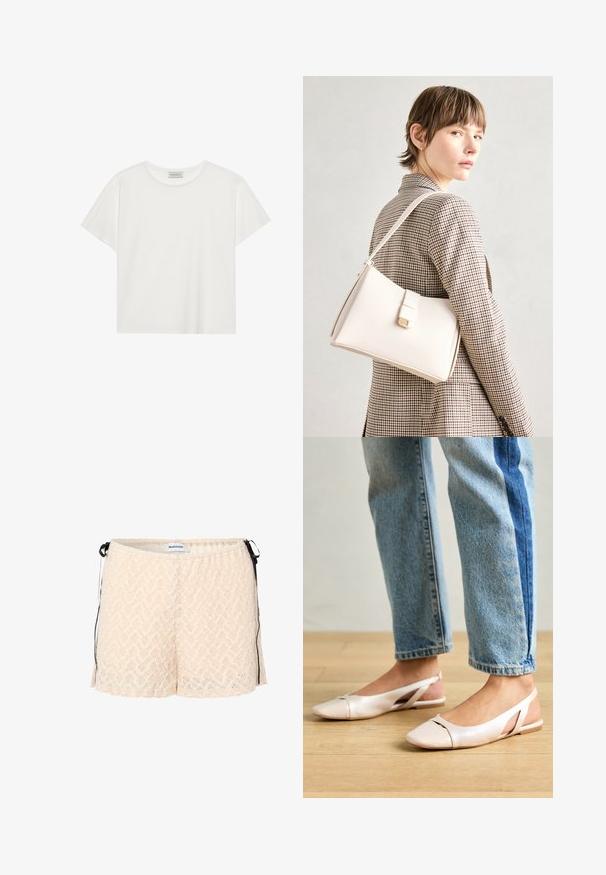 Weißes T-Shirt mit kurzen Ärmeln aus weicher Baumwolle. Verfügt über einen runden Halsausschnitt und eine lockere Passform. Sauberes Design ohne sichtbare Muster oder Akzente.; Pfirsichfarbene Spitze-Shorts mit elastischem Bund, seitlichen Bändern und einem Zickzackmuster. Weiche Textur und lockere Passform für Komfort.; Blassrosa Slingback-Ballerinas mit spitzem Punkt, aus einem glatten, lederähnlichen Material. Mit Ausschnitten an den Seiten und einem flachen Absatz.; Weiße Lederhandtasche mit strukturiertem Design, ausgestattet mit einem Magnetverschluss und einem Schulterriemen, präsentiert vor einem neutralen Hintergrund.