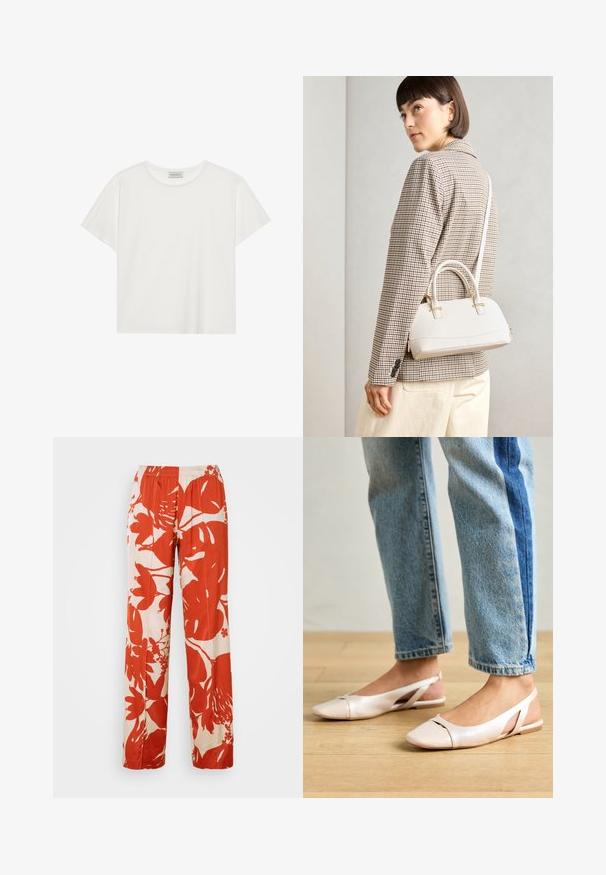 Weißes T-Shirt mit kurzen Ärmeln aus weicher Baumwolle. Verfügt über einen runden Halsausschnitt und eine lockere Passform. Sauberes Design ohne sichtbare Muster oder Akzente.; Hose im weit geschnittenen Stil mit rotem und cremefarbenem Blumenmuster und elastischem Bund. Der Stoff hat eine glatte Textur und zeigt große Blatt- und Blütendesigns.; Blassrosa Slingback-Ballerinas mit spitzem Punkt, aus einem glatten, lederähnlichen Material. Mit Ausschnitten an den Seiten und einem flachen Absatz.; Weiße strukturierte Handtasche mit kurzen Griffen und einem Schultergurt, ausgestattet mit goldfarbenen Hardware-Elementen und strukturiertem Material, vor einem grauen Hintergrund präsentiert.