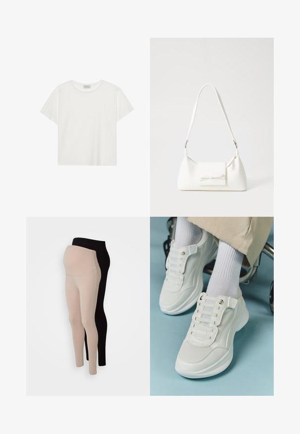 Biele tričko s krátkymi rukávmi vyrobené z jemnej bavlny. Má okrúhly výstrih a voľný strih. Čistý dizajn bez viditeľných vzorov alebo akcentov.; Anna Field MAMA 2 PACK - Legíny – nohavice - black/mottled beige; Biele tenisky s materiálom z mlátenice, gumovou podrážkou, bezšnúrovým dizajnom s elastickými pásikmi a pozlátenými akcentmi.; Biela syntetická kabelka s trojuholníkovým tvarom, plochým predným klapkou a detailom mašle, nastaviteľným popruhom, hladkou textúrou a minimalistickým dizajnom.