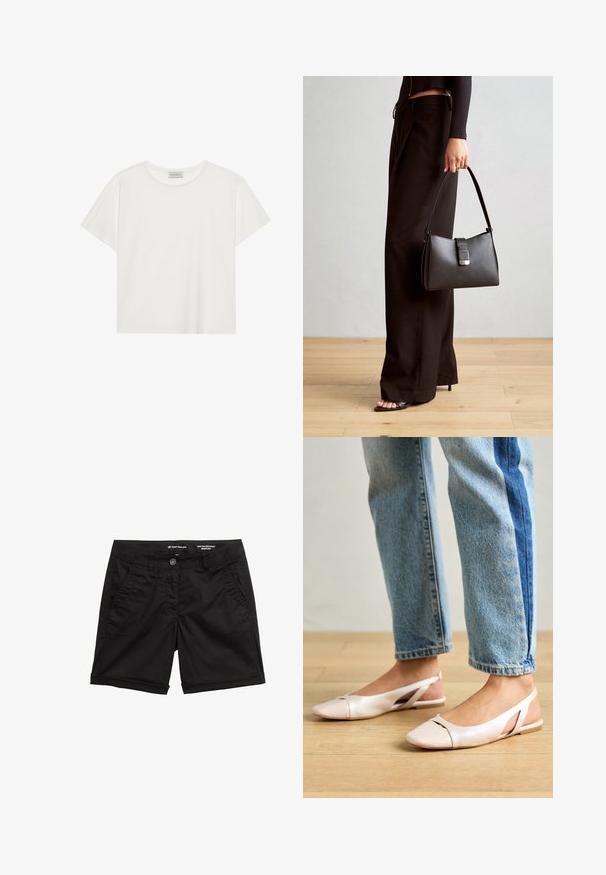 Fehér, rövid ujjú póló, puha pamutból készült. Kerek nyakkivágással és laza szabással rendelkezik. Tiszta dizájn, látható minták vagy díszítések nélkül.; Fekete chino Bermuda sort pamut keverékből, gombos záródással, két elülső zsebbel és feltekert szegéllyel. Simá textúra, klasszikus design.; Világos rózsaszín slingback laposlábú cipők, hegyes orral, sima bőrhatású anyagból készült. Oldalt kivágott részletek találhatók rajta, valamint lapos sarkú.; Fekete kézi táska strukturált formával, sima textúrával és fémből készült záródással. Széles fekete nadrággal és nyitott orrú szandállal párosítva, fából készült padlón.