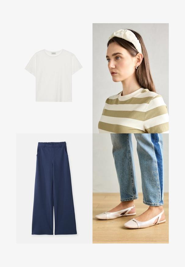 T-shirt blanc à manches courtes en coton doux. Présente un col rond et une coupe décontractée. Design épuré sans motifs ni accents visibles.; Pantalons larges bleu marine avec taille élastique, passants de ceinture et poches latérales, présentés à plat sur un fond blanc.; Ballerines slingback rose pâle avec un bout pointu, fabriquées en un matériau semblable au cuir lisse. Présentent des découpes sur les côtés et un talon plat.; Un bandeau en créme rembourré avec un design torsadé, associé à une chemise rayée beige et blanche à col rond. Accent de bijoux discrets.