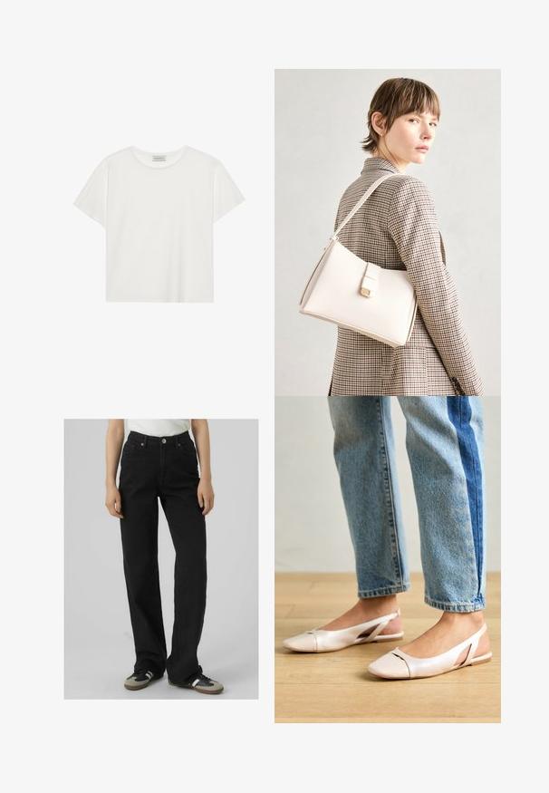 Bílé tričko s krátkým rukávem vyrobené z měkké bavlny. Má kulatý výstřih a volný střih. Čistý design bez viditelných vzorů nebo akcentů.; Černé džíny s vysokým pasem a rovnými nohavicemi, vyrobené z denimu, s dvěma předními kapsami a mosaznými detaily.; Světle růžové slingback baleríny s špičatou špičkou, vyrobené z hladkého koženému materiálu. Obsahují vystřihovací detaily po stranách a plochý podpatek.; Bílá kožená kabelka se strukturálním designem, s magnetickým uzávěrem a ramenním popruhem, prezentovaná na neutrálním pozadí.