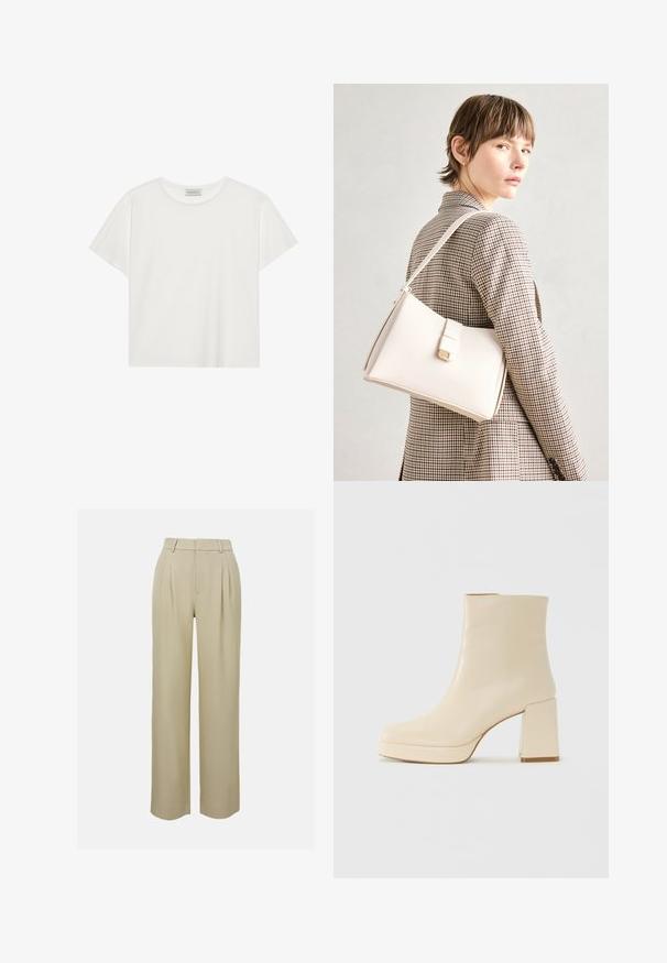 Bijela kratkodlaka majica od mekog pamuka. Ima okrugli izrez i opušteni kroj. Čist dizajn bez vidljivih uzoraka ili akcenata.; Bež hlače širokih nogavica izrađene od glatkog materijala, s prednjim nabranicama, krojenim pojasom i bočnim džepovima. Čista obruba.; Bež kožne gležnjače s blok petom i platformom, glatke površine, i lagano kvadratnim vrhom, okrenute lijevo na bijeloj pozadini.; Bijela kožna torba s čvrstim dizajnom, s magnetskim kopčanjem i remenom za rame, prikazana na neutralnoj pozadini.