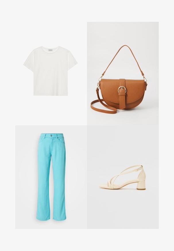 Bílé tričko s krátkým rukávem vyrobené z měkké bavlny. Má kulatý výstřih a volný střih. Čistý design bez viditelných vzorů nebo akcentů.; Svetle modré džíny s širokými nohavicemi vyrobené z denimové tkaniny. Mají zapínání na knoflík a zip, pět kapes a vyšitý detail na lemu.; Béžové sandály na podpatku s blokovým podpatkem, s řemínkovým designem a nastavitelným kotníkovým páskem, vyrobené z hladkého syntetického materiálu s matným povrchem.; Hnědá kožená křížová taška s zakřiveným tvarem, zlatými detaily a akcentem s přezkou. Obsahuje odnímatelný popruh na rameno.