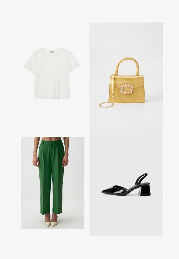 Witte T-shirt met korte mouwen, gemaakt van zachte katoen. Heeft een ronde halslijn en een relaxte pasvorm. Schoon ontwerp zonder zichtbare patronen of accenten.; Groene op maat gemaakte broeken met een hoge taille, wijde benen en voorgesneden plooien. De stof heeft een gladde textuur, aangevuld met puntige witte hakken.; Zwarte gepatineerde leren slingback hakken met een spitse neus en een geometrische blokhak. Kenmerkt zich door een slank, minimalistisch ontwerp en een gladde textuur.; Geel faux-krokodillenhandtas met een gestructureerd ontwerp, bovenhandvat, afneembare kettingriem en decoratieve kristallen versiering op de sluiting.