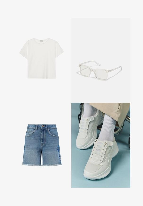 Tricou alb cu mânecă scurtă, made din bumbac moale. Are un guler rotund și o croială lejeră. Design curat, fără modele sau accente vizibile.; Shorts din denim de culoare albastru deschis, cu un tiv desfăcut. Prezintă broderie florală pe partea stângă și cusături contrastante lângă buzunare.; Adidași albi cu un material din plasă, talpă din cauciuc, design fără șireturi cu benzi elastice și accente aurii.; Ochelari de vedere cu rame pătrate din plastic transparent, dotate cu lentile translucide și accente aurii pe temple pentru un detaliu suplimentar.