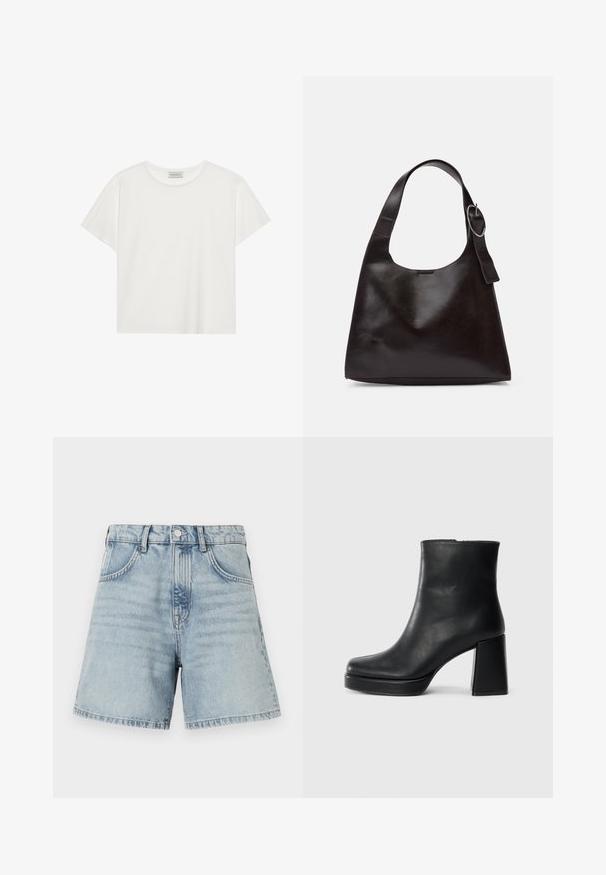 White short-sleeve T-shirt made of soft cotton. Features a round neckline and relaxed fit. Clean design with no visible patterns or accents.; Light blue denim shorts with a high waist, five-pocket design, and raw hem. Fabric has a slight fade with visible stitching details.; Black leather ankle boot with a block heel and platform sole, viewed from the side on a plain white background.; Brown leather shoulder bag with a smooth texture, rounded shape, wide strap, and circular metallic accent on the handle.