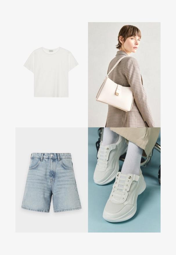 Bílé tričko s krátkým rukávem vyrobené z měkké bavlny. Má kulatý výstřih a volný střih. Čistý design bez viditelných vzorů nebo akcentů.; Světlé modré denimové kraťasy s vysokým pasem, designem pěti kapes a surovým lemem. Materiál má mírné opotřebení s viditelnými švy.; Bílé tenisky s materiálem z mešové tkaniny, gumovou podrážkou, bezšňůrovým designem s elastickými pásky a zlatými akcenty.; Bílá kožená kabelka se strukturálním designem, s magnetickým uzávěrem a ramenním popruhem, prezentovaná na neutrálním pozadí.