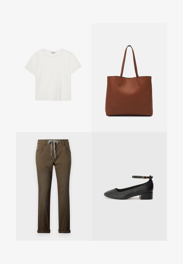 White short-sleeve T-shirt made of soft cotton. Features a round neckline and relaxed fit. Clean design with no visible patterns or accents.; Brown casual pants made of smooth material, featuring a drawstring waist with white accents, five pockets, and rolled cuffs.; Black leather pump with a pointed toe and a low block heel. Features an ankle strap with a gold-tone buckle. Smooth texture.; Brown leather tote bag with a smooth texture, open top design, and two shoulder straps. Features minimal stitching and no visible hardware.