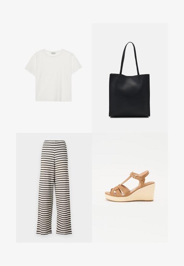 White short-sleeve T-shirt made of soft cotton. Features a round neckline and relaxed fit. Clean design with no visible patterns or accents.; Wide-leg pants in black and white striped pattern, featuring a textured surface and an elastic waistband for comfort.; Tan wedge sandals featuring a cross-strap design, adjustable ankle buckle, and a textured woven espadrille-style wedge.; Black leather tote bag with smooth texture, rectangular shape, and two long handles. No visible hardware or embellishments.