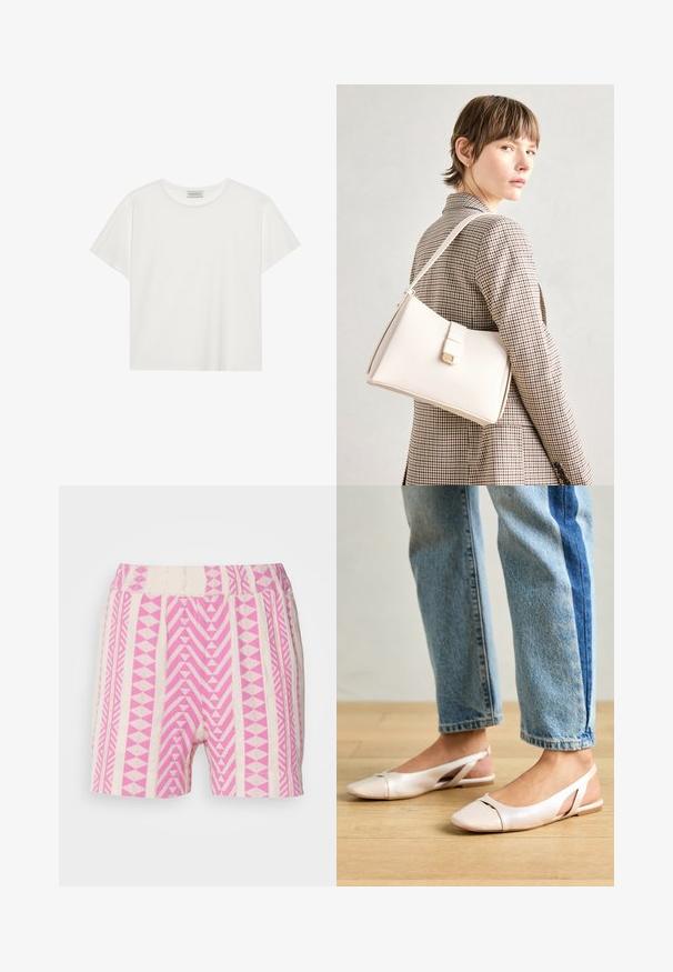 White short-sleeve T-shirt made of soft cotton. Features a round neckline and relaxed fit. Clean design with no visible patterns or accents.; Pink and cream patterned shorts with geometric designs. Features a textured elastic waistband and a relaxed fit.; Pale pink slingback flats with a pointed toe, made from a smooth leather-like material. Features cut-out details at the sides and a flat heel.; White leather handbag with a structured design, featuring a magnetic clasp and a shoulder strap, showcased against a neutral background.