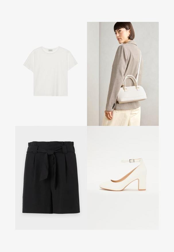 White short-sleeve T-shirt made of soft cotton. Features a round neckline and relaxed fit. Clean design with no visible patterns or accents.; Black tailored shorts with a high waist, featuring a tied belt, pleats, and smooth fabric texture.; White high-heeled shoe with a pointed toe, block heel, and ankle strap. Smooth finish with a subtle shine and beige inner lining.; White structured handbag with short handles and a shoulder strap, featuring gold hardware accents and textured material, displayed against a grey background.