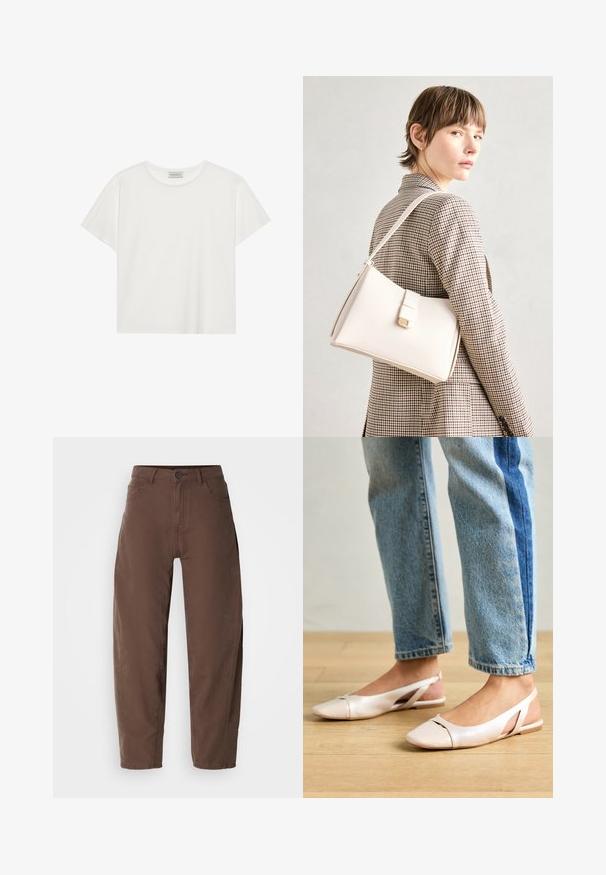 Weißes T-Shirt mit kurzen Ärmeln aus weicher Baumwolle. Verfügt über einen runden Halsausschnitt und eine lockere Passform. Sauberes Design ohne sichtbare Muster oder Akzente.; Braune gerade geschnittene Hose mit vorderen Knopf und Reißverschluss, Gürtelschlaufen und Seitentaschen, dargestellt auf einem weißen Hintergrund.; Blassrosa Slingback-Ballerinas mit spitzem Punkt, aus einem glatten, lederähnlichen Material. Mit Ausschnitten an den Seiten und einem flachen Absatz.; Weiße Lederhandtasche mit strukturiertem Design, ausgestattet mit einem Magnetverschluss und einem Schulterriemen, präsentiert vor einem neutralen Hintergrund.