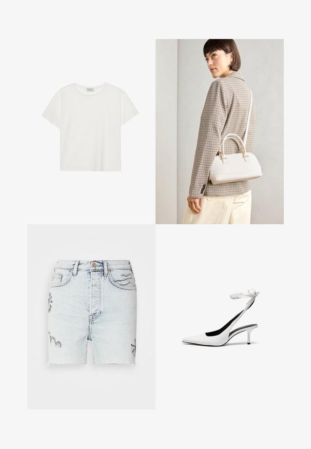Hvid kortærmet T-shirt lavet af blødt bomuld. Har en rund halsudskæring og en afslappet pasform. Rent design uden synlige mønstre eller accenter.; Lystdenim shorts i lys vask med frynset kant, broderede blomsterdesigns i blå og traditionel fem-lomme stil med metalknaplukning.; Hvide spidse slingback hæle med en tynd ankelrem. Glat lædermateriale, tynd stilethæl og en sort inderside.; Hvid struktureret taske med korte håndtag og en skulderrem, prydet med guldfarvede hardwaredetaljer og tekstureret materiale, præsenteret mod en grå baggrund.