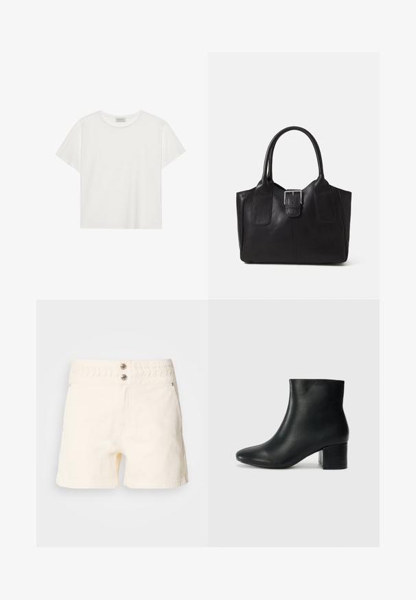 Bílé tričko s krátkým rukávem vyrobené z měkké bavlny. Má kulatý výstřih a volný střih. Čistý design bez viditelných vzorů nebo akcentů.; Krémové džínové šortky s texturovaným elastickým pasem, dvěma předními kapsami a dvěma dekorativními knoflíkovými detaily v pase.; Černé kožené kotníkové boty s špičatou špičkou a robustním podpatkem. Hladký povrch s minimálními akcenty a elegantním, přiléhavým designem.; Černá kožená tote taška s hladkým povrchem, strukturovaným tvarem, dvěma uchy a výrazným stříbrným detailem s přezkou na přední straně.